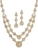 Mariell Gold Two-Row Rhinestone Crystal Necklace and Earrings Set - Prom, Brides and Bridesmaids Jewelry